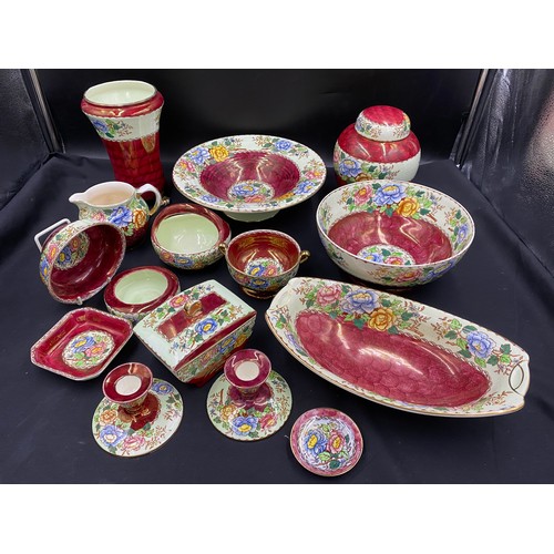 75 - Fifteen pieces of Maling 'Peony Rose' pattern to include vase 20cm h, ginger jar 17cm h, bowls, dish... 