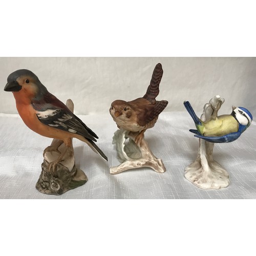 83 - Three W.Goebel West Germany bird figurines: Chaffinch 12cm, Blue Tit 9.5cm and Wren 12cm h.