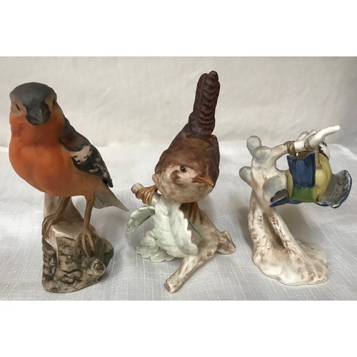 83 - Three W.Goebel West Germany bird figurines: Chaffinch 12cm, Blue Tit 9.5cm and Wren 12cm h.