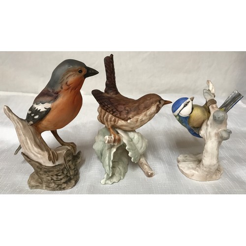 83 - Three W.Goebel West Germany bird figurines: Chaffinch 12cm, Blue Tit 9.5cm and Wren 12cm h.