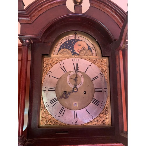 633 - An oak 8 day longcase clock with rolling moon, William Thompson, Chester. 220cm high.