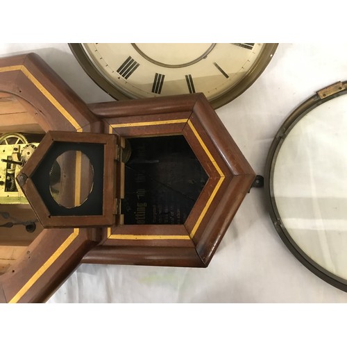 639 - A mahogany wall clock for restoration with painted gold trim, mechanism, pendant, clock face and han... 