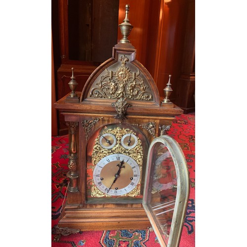 640 - A superb walnut chiming bracket clock with ormolu mounts. 77 h x 39cm w.