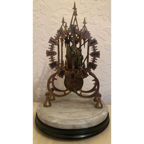 656 - A 19thC skeleton clock with single fusee movement on circular marble base. 39cm h.