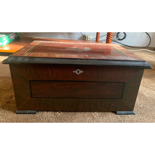 801 - A late 19thC table top Britannia polyphon music box. 41 w x 19 h x 27cm d. Discs 21cm diameter.