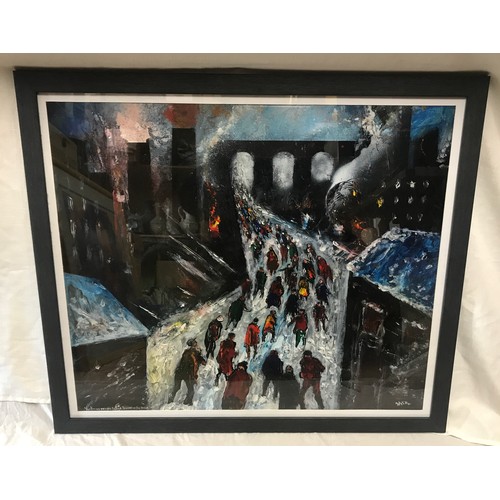 1098 - David Wilde framed oil painting “ Victoria’s people trudge to work in the snow”. Signed lower right.... 