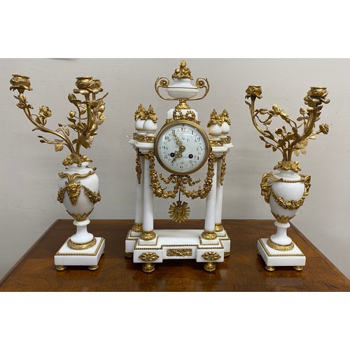 627 - A good quality French marble and ormolu clock garniture, the dial signed Le Roy, the case with four ... 