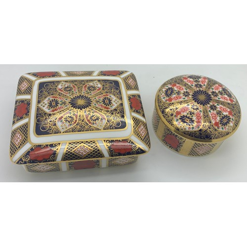 43 - Two Royal Crown Derby lidded jars No. 1128 , one oblong, 10 x 12cm, one round Old Imari pattern.