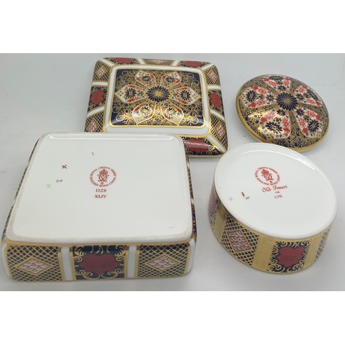 43 - Two Royal Crown Derby lidded jars No. 1128 , one oblong, 10 x 12cm, one round Old Imari pattern.