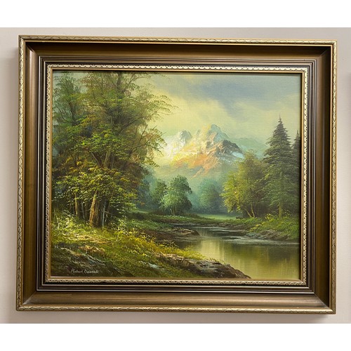 1093 - Robert Driscoll oil on canvas, river and mountain scene. 48.5 x 59cms.