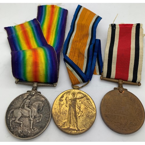 698 - Two WWI Service medals for 32306 Pte. A. Merritt S. Staff. R. and a special constabulary medal Harol... 