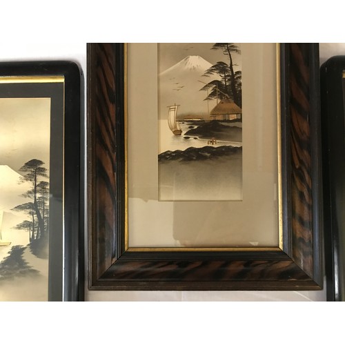 1101 - Mahogany & gilt framed pictures of oriental scenes, a single painting, size 18 h x 10.5cm w, frame 4... 