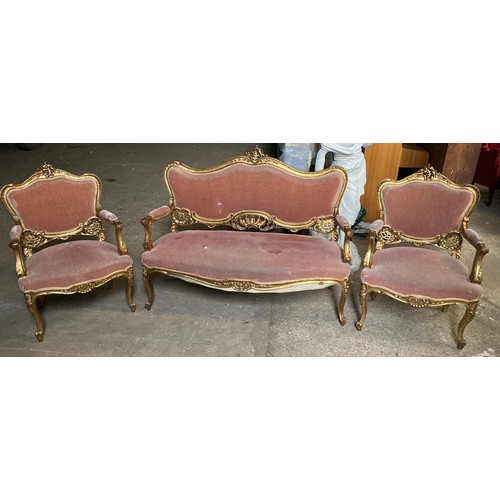 1192 - A gilt framed salon suite comprising 2 seater sofa and 2 armchairs. 130 w x 56 x 101cm h, chair 64 w... 