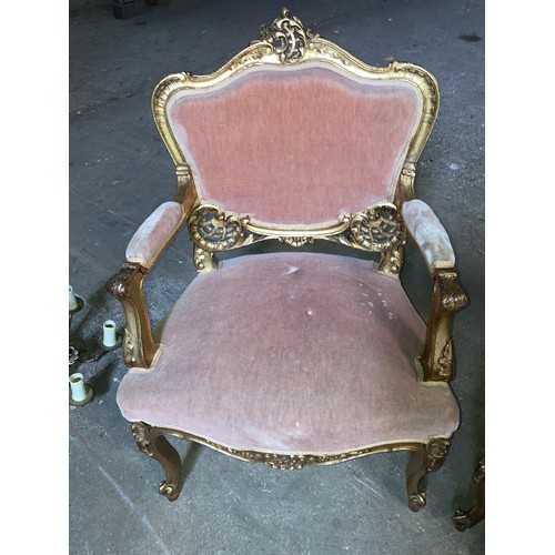 1192 - A gilt framed salon suite comprising 2 seater sofa and 2 armchairs. 130 w x 56 x 101cm h, chair 64 w... 