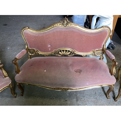 1192 - A gilt framed salon suite comprising 2 seater sofa and 2 armchairs. 130 w x 56 x 101cm h, chair 64 w... 