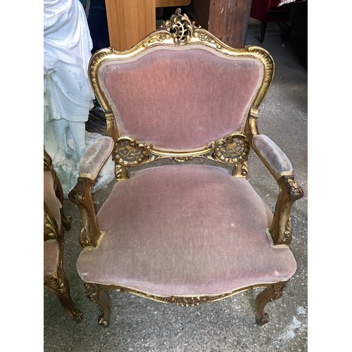 1192 - A gilt framed salon suite comprising 2 seater sofa and 2 armchairs. 130 w x 56 x 101cm h, chair 64 w... 