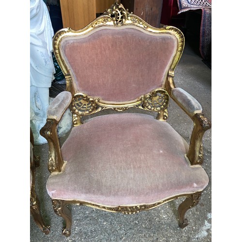 1192 - A gilt framed salon suite comprising 2 seater sofa and 2 armchairs. 130 w x 56 x 101cm h, chair 64 w... 