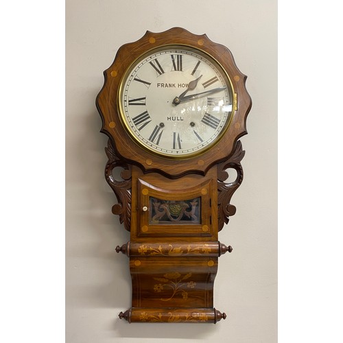 665 - A 19thC American drop dial wall clock with inlay. Frank Howe, Hull. With Pendulum and key.