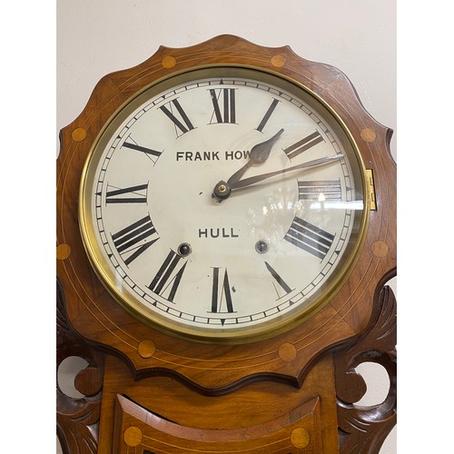 665 - A 19thC American drop dial wall clock with inlay. Frank Howe, Hull. With Pendulum and key.