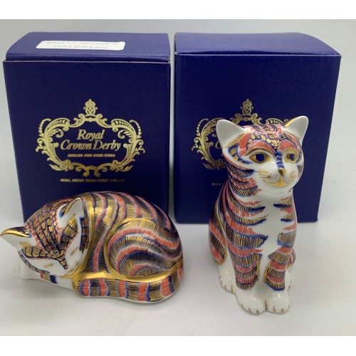 140 - Two Royal Crown Derby paperweights. Sleeping Kitten and Seated Kitten 8cm h.