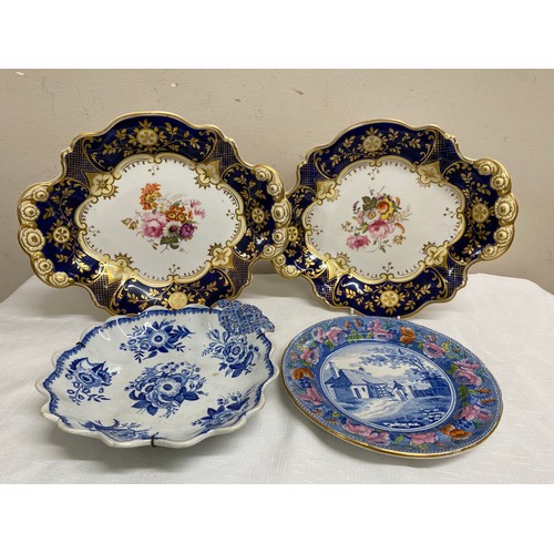 144 - Ceramics to include 19thC 2 x blue, gilt and floral dishes, a Mason's beaded framed border series Ty... 