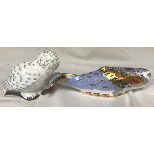 126 - Royal Crown Derby Paper Weights Oceanic Whale, 22cms length, 6cms high and Snowy Owl, 9.5cms high. C... 