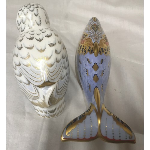 126 - Royal Crown Derby Paper Weights Oceanic Whale, 22cms length, 6cms high and Snowy Owl, 9.5cms high. C... 