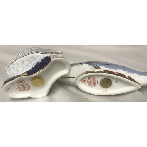 126 - Royal Crown Derby Paper Weights Oceanic Whale, 22cms length, 6cms high and Snowy Owl, 9.5cms high. C... 