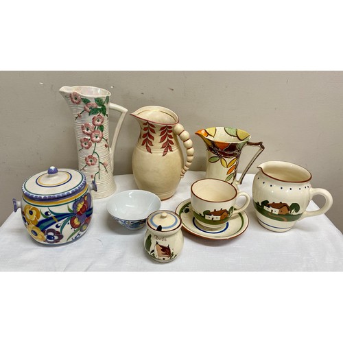 136 - A selection of ceramics to include: Poole biscuit barrel 16cm h, Maling vase 27cm h, Myott Son & Co ... 