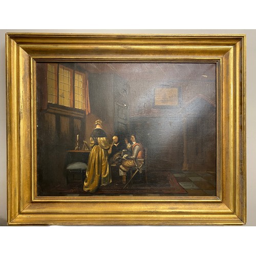 1102 - Jos. Ohligschläger, Dusseldorf ‘29 oil on canvas of Dutch interior scene in deep gilt frame. 59 x 78... 