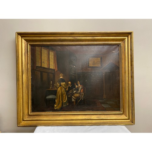 1102 - Jos. Ohligschläger, Dusseldorf ‘29 oil on canvas of Dutch interior scene in deep gilt frame. 59 x 78... 