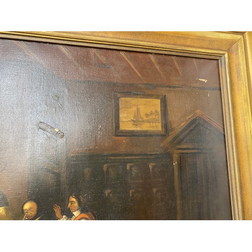 1102 - Jos. Ohligschläger, Dusseldorf ‘29 oil on canvas of Dutch interior scene in deep gilt frame. 59 x 78... 