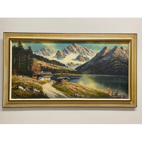 1103 - Johan Bauer, Alpine landscape, oil on canvas, framed. Approx. 49 x 99cm.