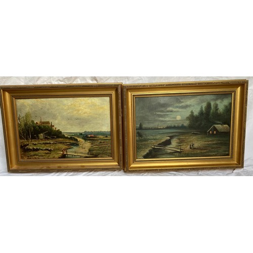 1105 - Pair of oil paintings on canvas indistinctly signed, country scenes, river landscapes with buildings... 