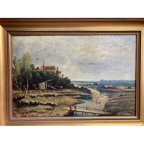 1105 - Pair of oil paintings on canvas indistinctly signed, country scenes, river landscapes with buildings... 