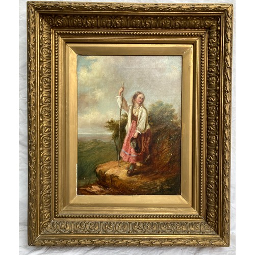 1106 - Oil painting on canvas, unsigned, Shepherdess in country landscape in large decorative gilt frame, c... 