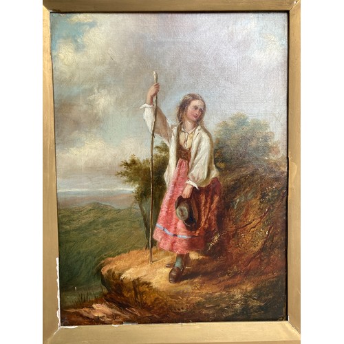 1106 - Oil painting on canvas, unsigned, Shepherdess in country landscape in large decorative gilt frame, c... 