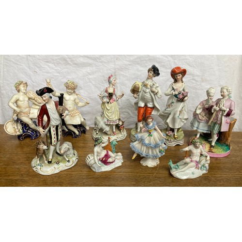 151 - Selection of continental pottery figurines, 20cm h, including one Dresden lace dress, figure 12cm.