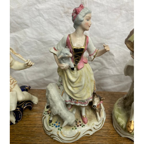 151 - Selection of continental pottery figurines, 20cm h, including one Dresden lace dress, figure 12cm.