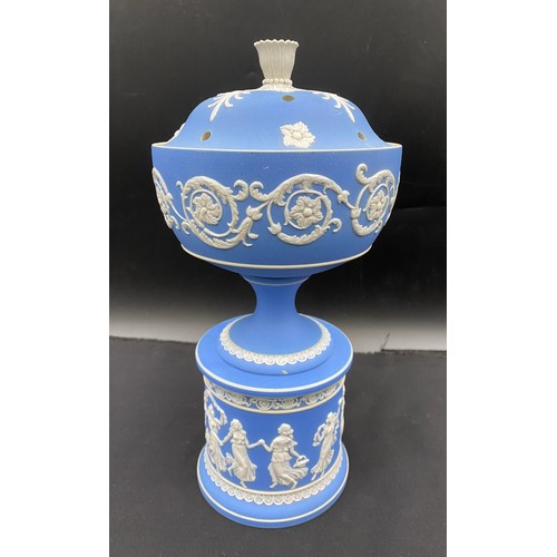 156 - A quantity of Adams Jasperware to include a light blue  potpourri lidded vase height approx 29cms an... 