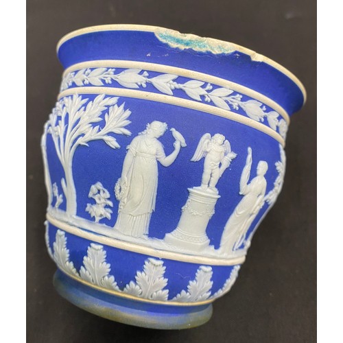 158 - Selection of Wedgwood Jasper Ware blue and green to include green lidded pot, small planter 11cms hi... 