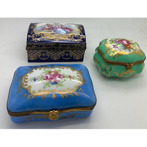 169 - Three decorative French porcelain boxes with gilt metal mounts. Dark blue 10 x 6 x 5cm h.