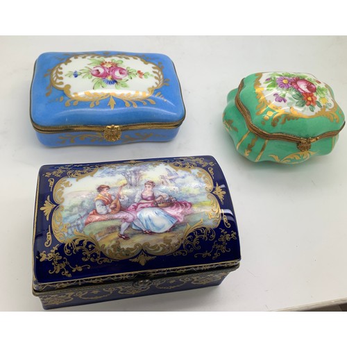 169 - Three decorative French porcelain boxes with gilt metal mounts. Dark blue 10 x 6 x 5cm h.