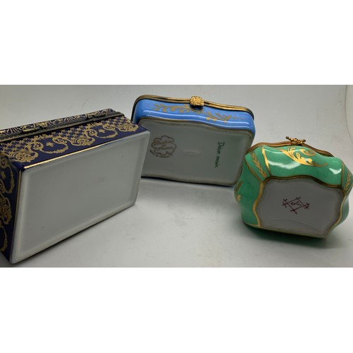 169 - Three decorative French porcelain boxes with gilt metal mounts. Dark blue 10 x 6 x 5cm h.