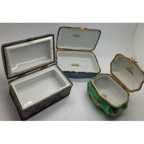 169 - Three decorative French porcelain boxes with gilt metal mounts. Dark blue 10 x 6 x 5cm h.