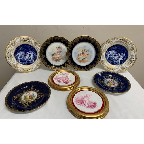 173 - Three pairs of decorative Continental plates with cherubs and courting couple together with 2 framed... 