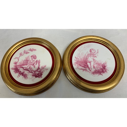 173 - Three pairs of decorative Continental plates with cherubs and courting couple together with 2 framed... 