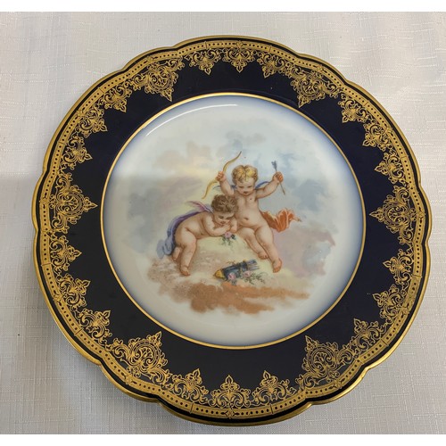 173 - Three pairs of decorative Continental plates with cherubs and courting couple together with 2 framed... 