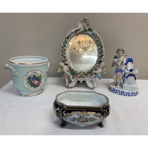 174 - Various Continental ceramics to include mirror with putti, cherub with bow, dish and a Portuguese pl... 