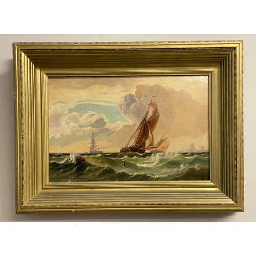 1110 - Oil on board seascape in deep gilt frame signed indistinctly lower left. 29 x 46cm.